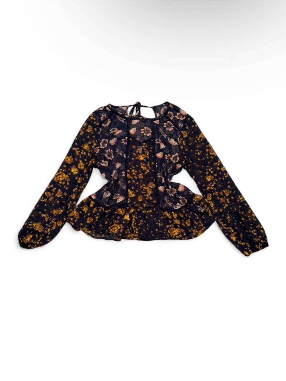 Xhilaration Black Floral Tie-Back Peplum Blouse